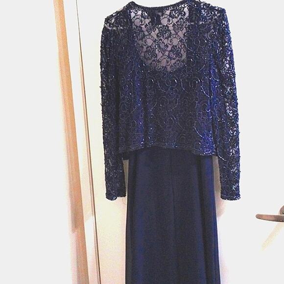 2pc Brilliante Gown & Jacket Sz L Navy Blue Lace Sequins Beaded Mother Wedding - Picture 3 of 16